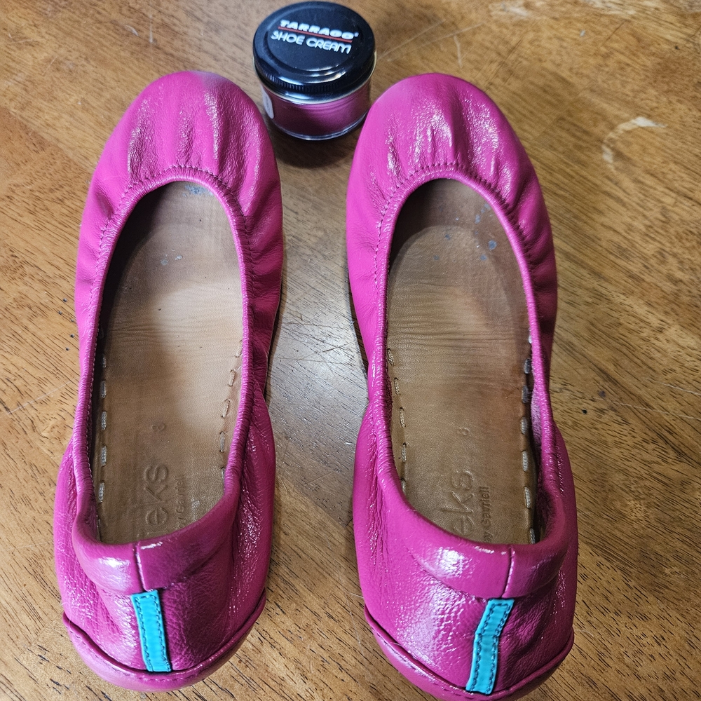 Tieks Fuchia Leather Flats with Turquoise Stripe